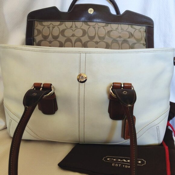 Coach Vintage Soho Leather Flap East/West Satchel in White & Saddle, EUC - Picture 5 of 16